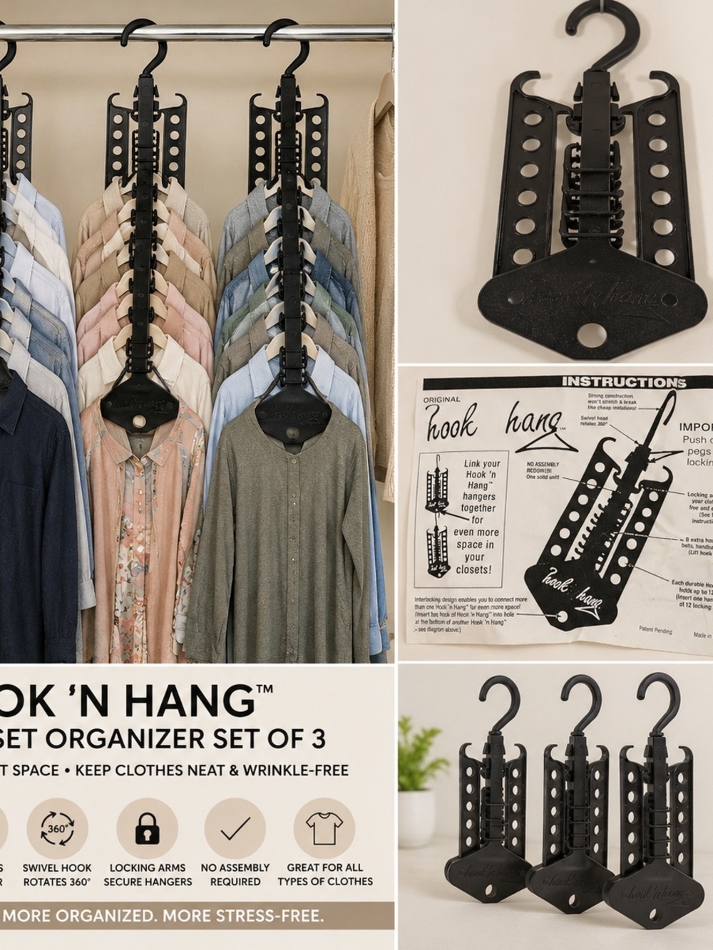 Hook 'n Hang Closet Organizer Hanger Set of 3 Space Saving Clothes Storage